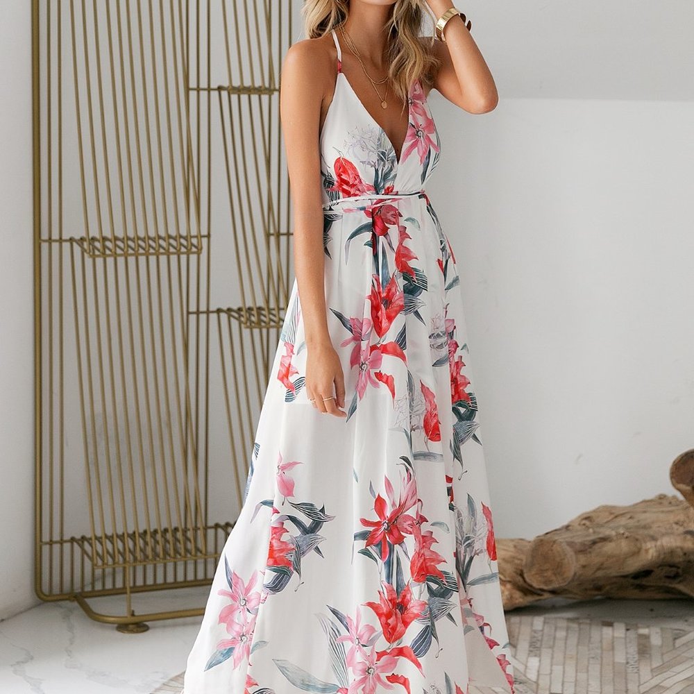 New Floral Print Backless Wrap Split Slip Dress - Picture 5 of 7